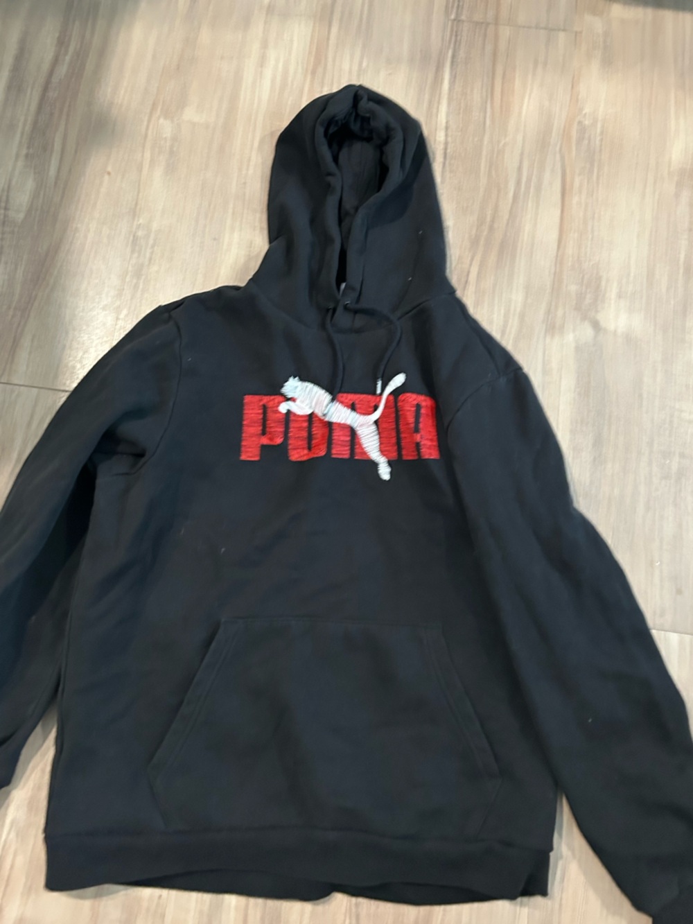 Puma Black Hoodie with Red Logo and White Cat Emblem